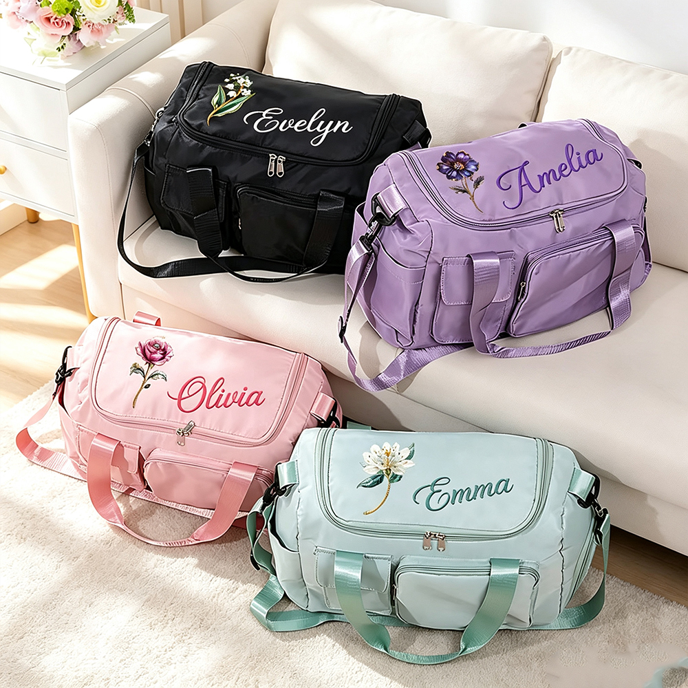Personalized Birth Flower Travel Duffel Bag with Custom Name, Large Capacity Nylon Weekender Bag for Gym and Overnight Trips