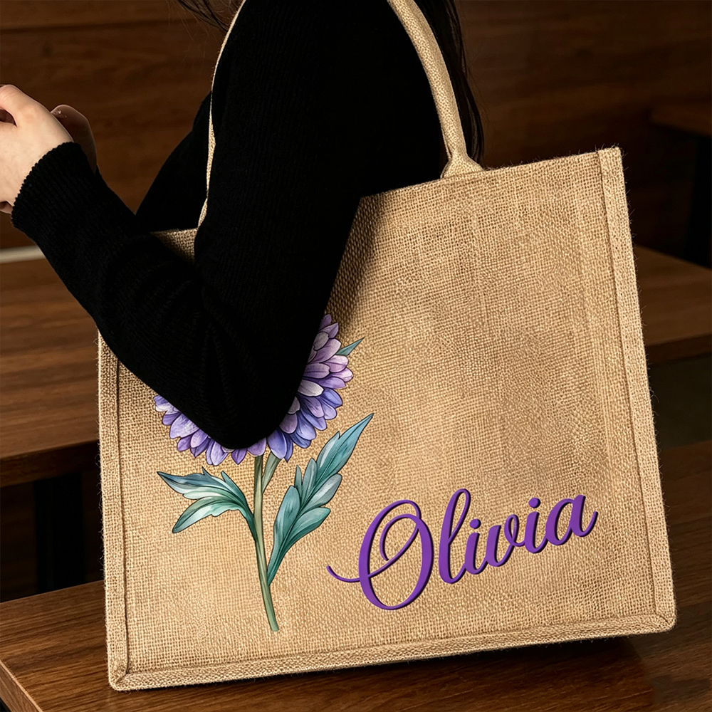 Personalized Birth Flower Jute Tote Bag with Custom Name, Floral Shopping Bag, Bridesmaid and Birthday Gift for Women