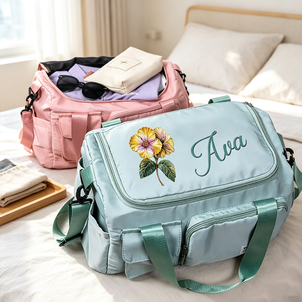 Personalized Birth Flower Travel Duffel Bag with Custom Name, Large Capacity Nylon Weekender Bag for Gym and Overnight Trips