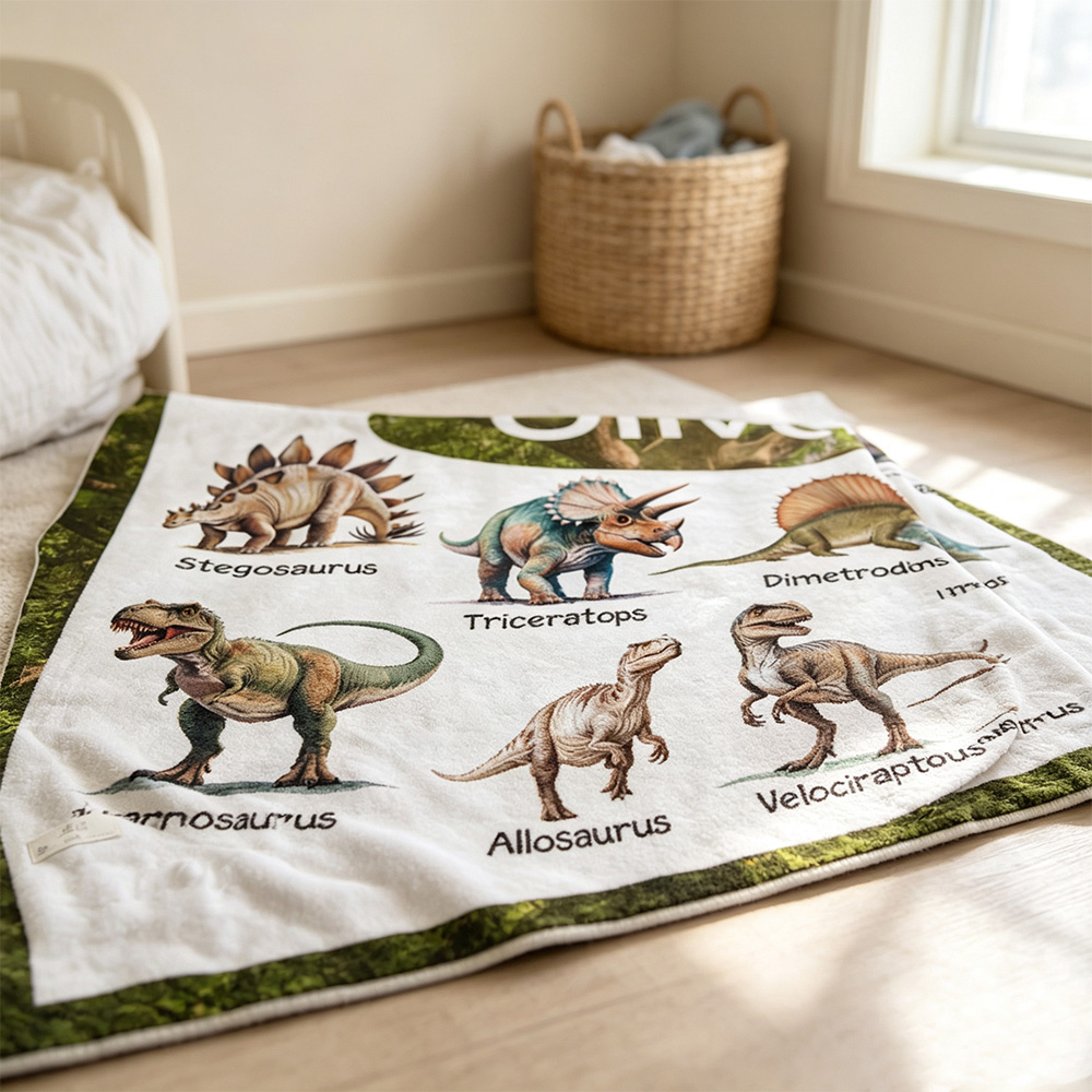 Personalised Dinosaur Name Fleece Blanket, Educational Prehistoric Animal Throw for Kids, Birthday and Christmas Gift for Dinosaur Lovers