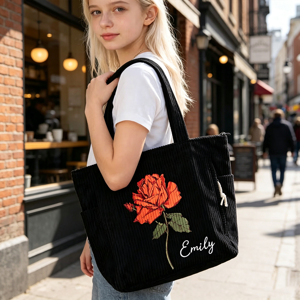 Personalized Birth Flower Corduroy Tote Bag with Custom Name, Large Capacity Shoulder Bag, Everyday Gift for Women