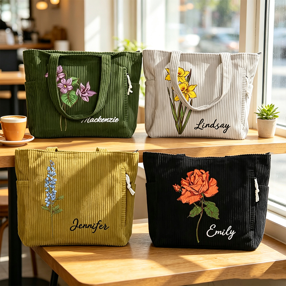 Personalized Birth Flower Corduroy Tote Bag with Custom Name, Large Capacity Shoulder Bag, Everyday Gift for Women