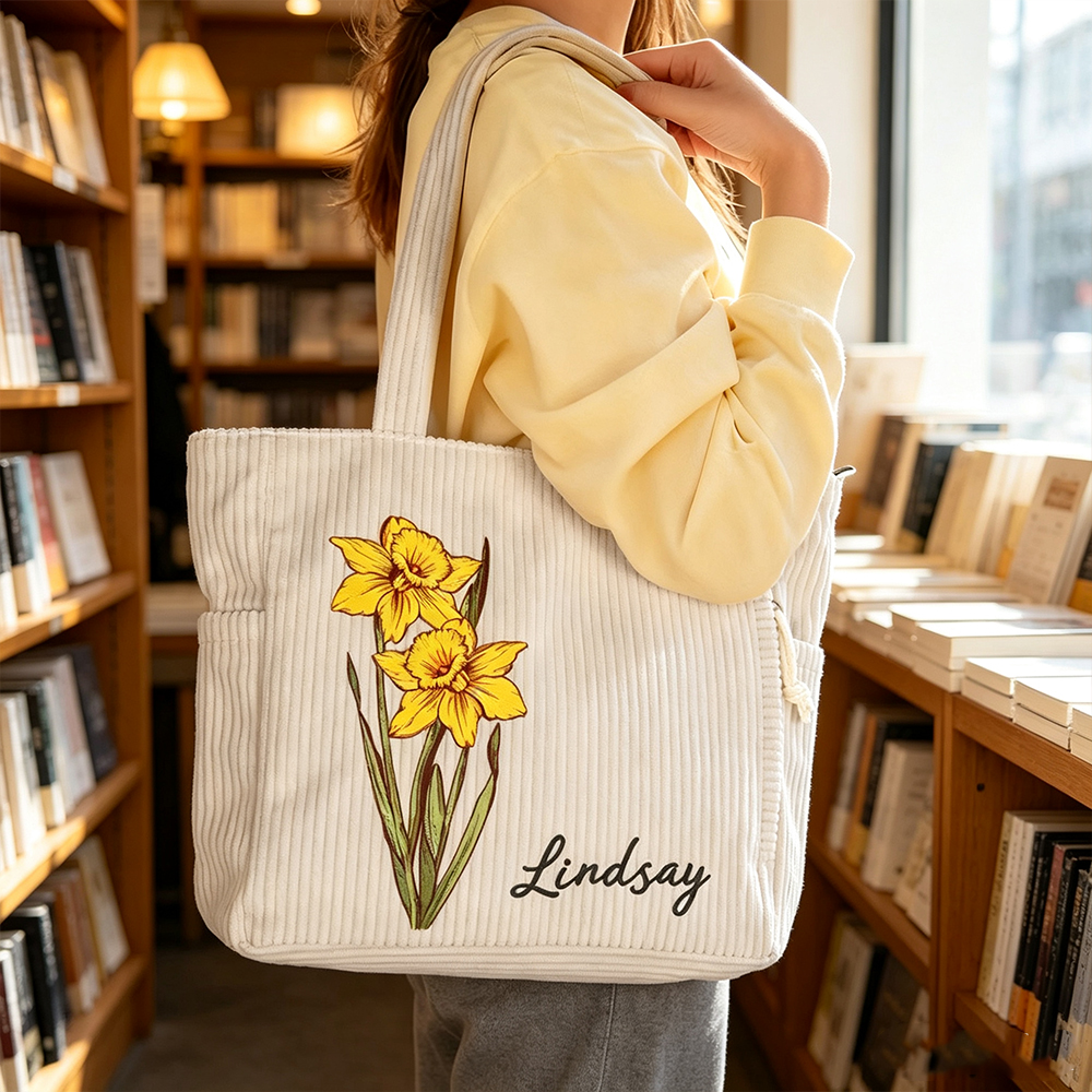 Personalized Birth Flower Corduroy Tote Bag with Custom Name, Large Capacity Shoulder Bag, Everyday Gift for Women
