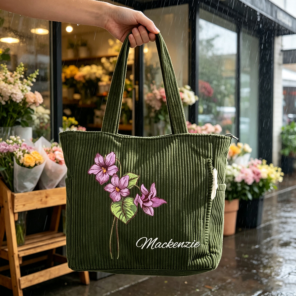 Personalized Birth Flower Corduroy Tote Bag with Custom Name, Large Capacity Shoulder Bag, Everyday Gift for Women