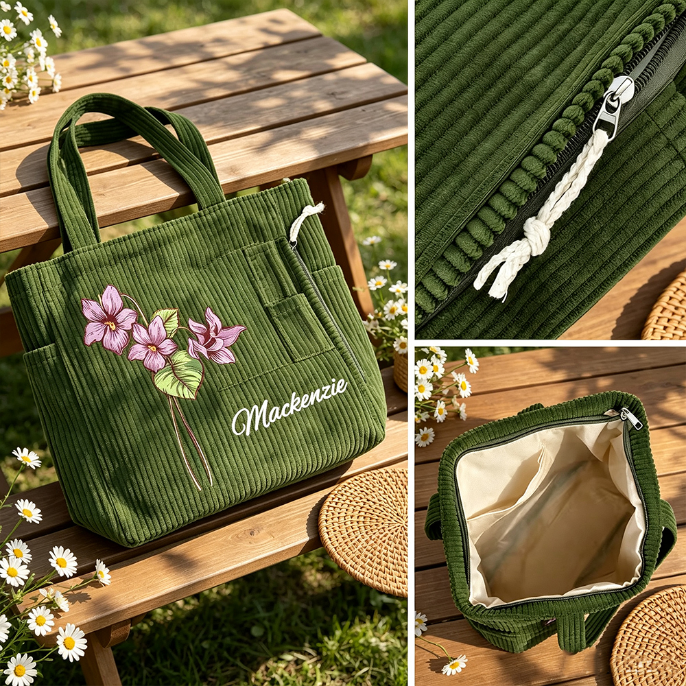 Personalized Birth Flower Corduroy Tote Bag with Custom Name, Large Capacity Shoulder Bag, Everyday Gift for Women