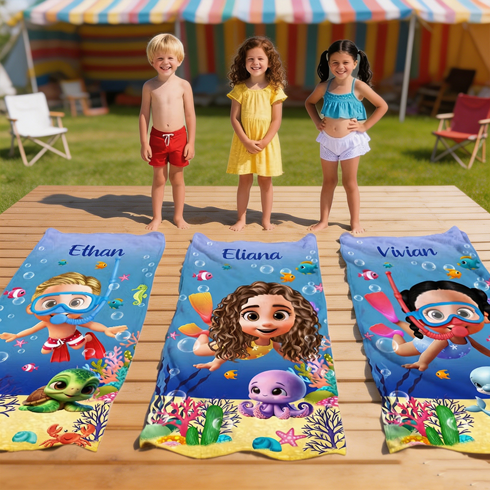 Personalized Kids Underwater Diving Beach Towel with Name for Boys Girls, Summer Vacation Beach Pool Birthday Gift