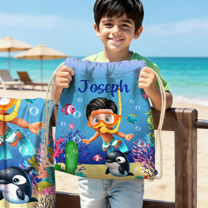 Personalized Kids Underwater Diving Beach Towel with Name for Boys Girls, Summer Vacation Beach Pool Birthday Gift