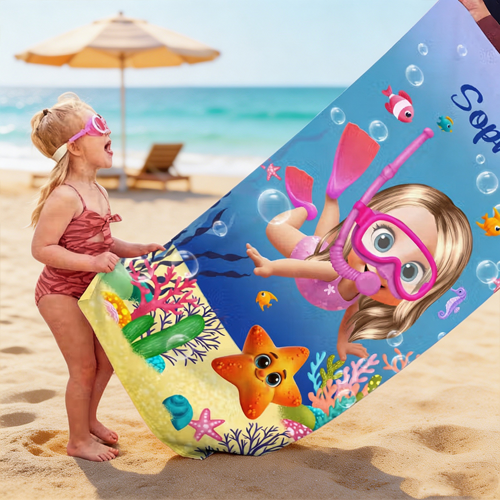Personalized Kids Underwater Diving Beach Towel with Name for Boys Girls, Summer Vacation Beach Pool Birthday Gift