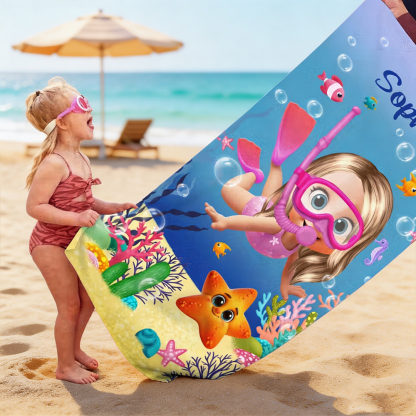 Personalized Kids Underwater Diving Beach Towel with Name for Boys Girls, Summer Vacation Beach Pool Birthday Gift