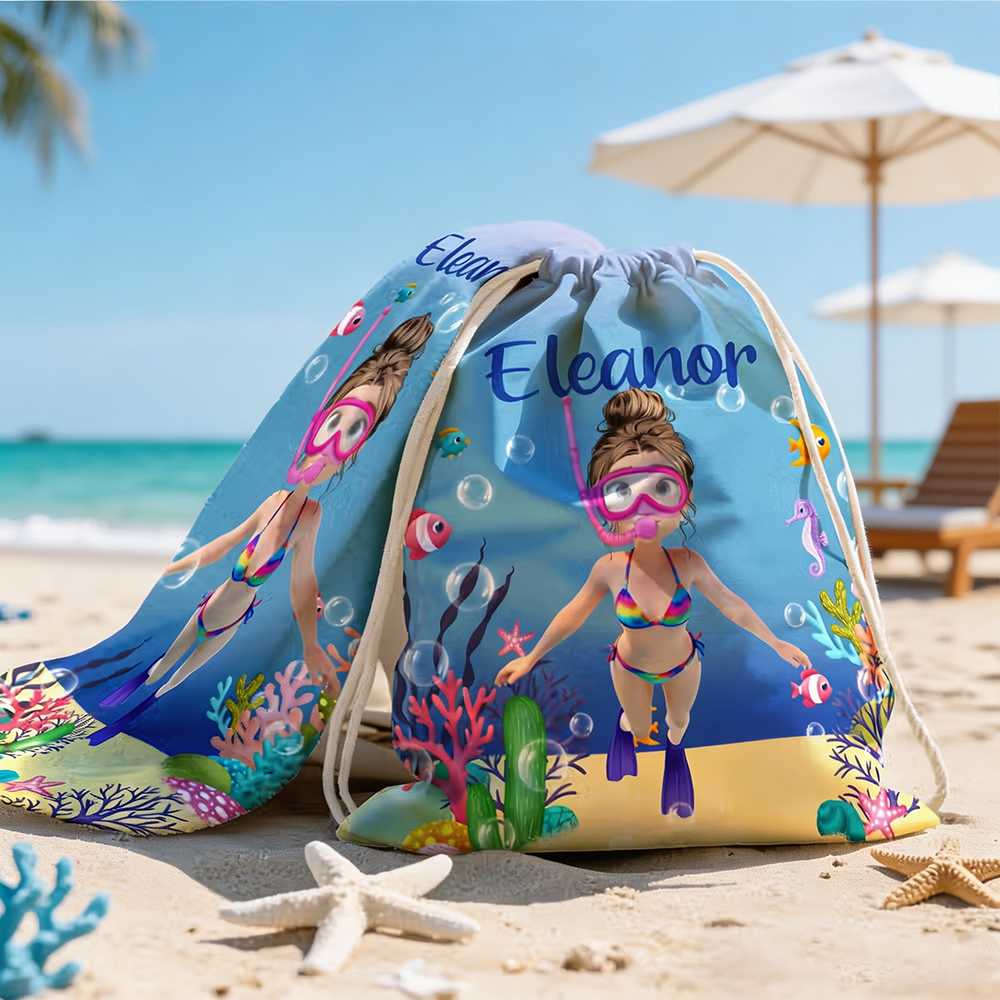Personalized Kids Underwater Diving Beach Towel with Name for Boys Girls, Summer Vacation Beach Pool Birthday Gift