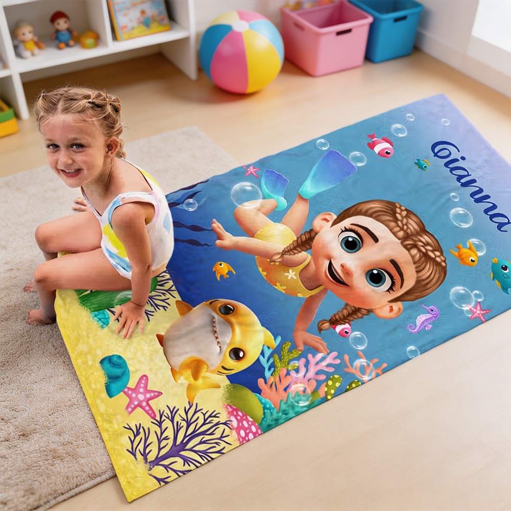 Personalized Kids Underwater Diving Beach Towel with Name for Boys Girls, Summer Vacation Beach Pool Birthday Gift