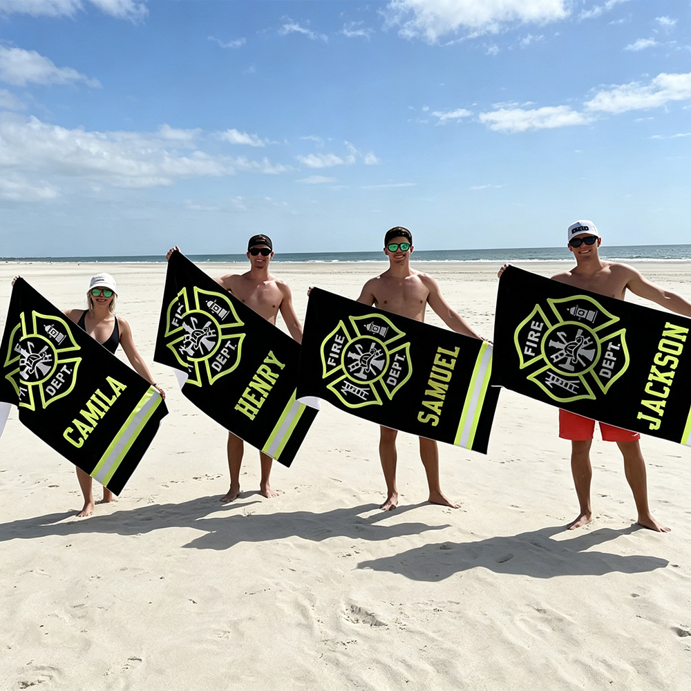 Personalized Firefighter Beach Towel with Custom Name, Fire Department Maltese Cross Quick-Dry Microfiber Towel, Oversized Sand-Free Bath & Beach Towel, Father's Day Birthday Gift for Firefighters, Fire Rescue Heroes