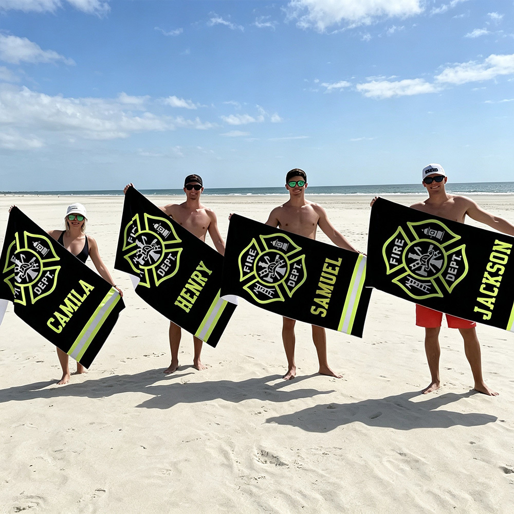Personalized Firefighter Beach Towel with Custom Name, Fire Department Maltese Cross Quick-Dry Microfiber Towel, Oversized Sand-Free Bath & Beach Towel, Father's Day Birthday Gift for Firefighters, Fire Rescue Heroes