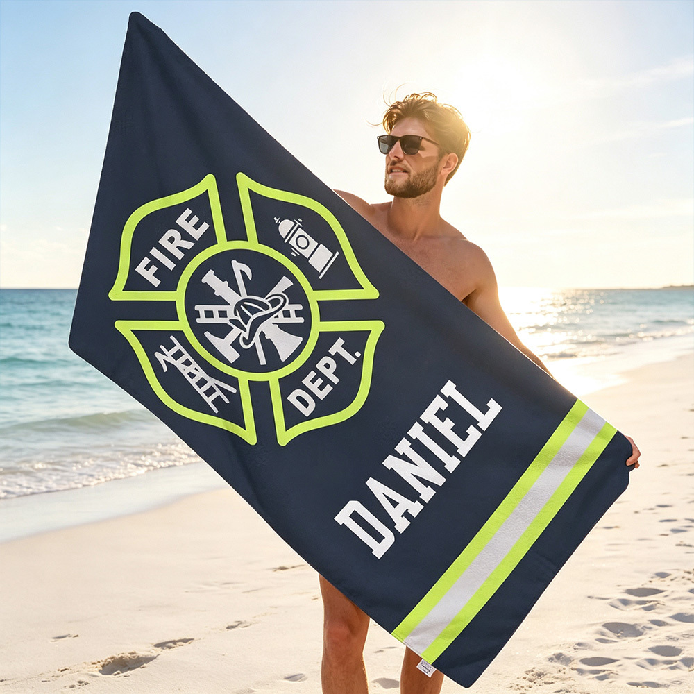 Personalized Firefighter Beach Towel with Custom Name, Fire Department Maltese Cross Quick-Dry Microfiber Towel, Oversized Sand-Free Bath & Beach Towel, Father's Day Birthday Gift for Firefighters, Fire Rescue Heroes