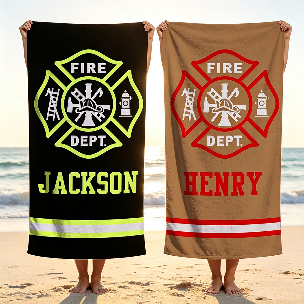 Personalized Firefighter Beach Towel with Custom Name, Fire Department Maltese Cross Quick-Dry Microfiber Towel, Oversized Sand-Free Bath & Beach Towel, Father's Day Birthday Gift for Firefighters, Fire Rescue Heroes
