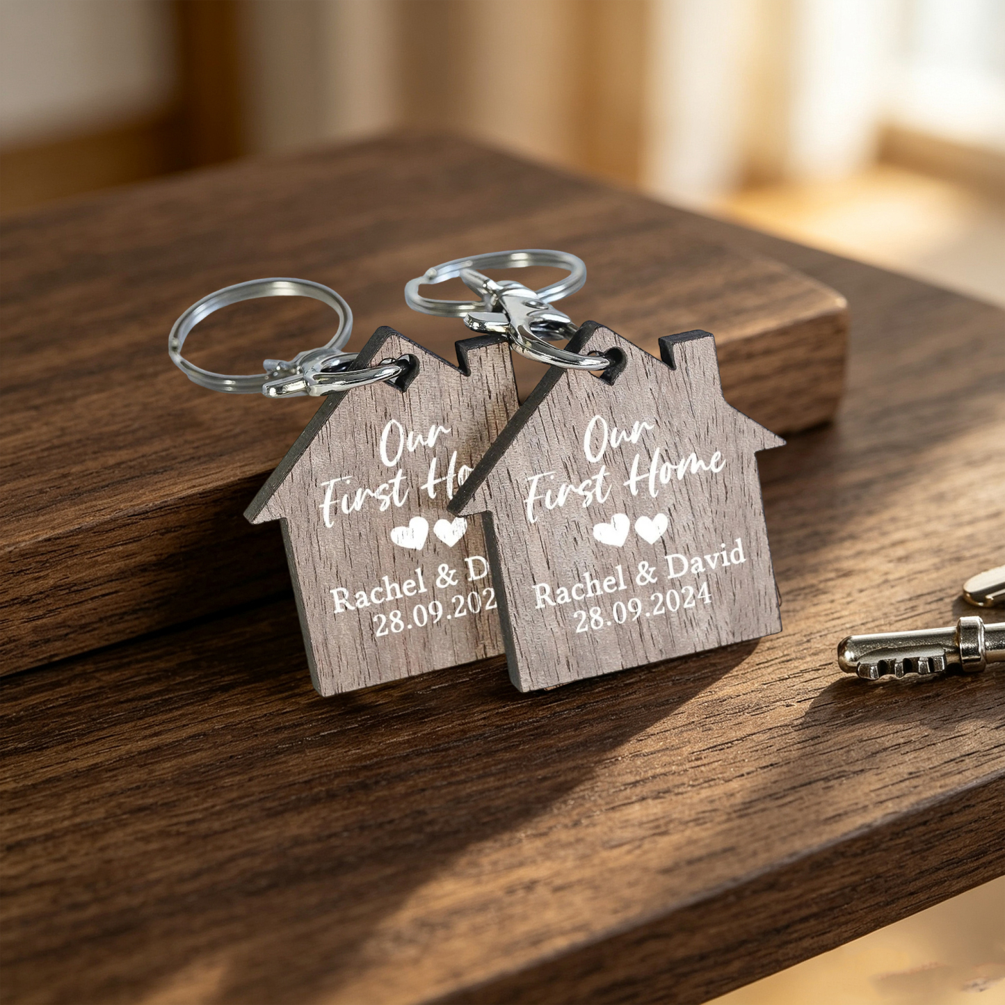 Personalized First Home Keychain Set – Custom Wooden House Keychains for Couples, New Home Gift