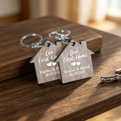 Personalized First Home Keychain Set – Custom Wooden House Keychains for Couples, New Home Gift