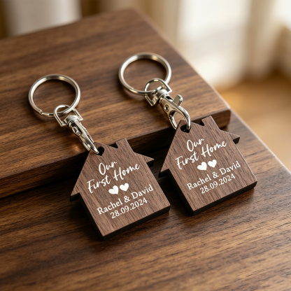 Personalized First Home Keychain Set – Custom Wooden House Keychains for Couples, New Home Gift