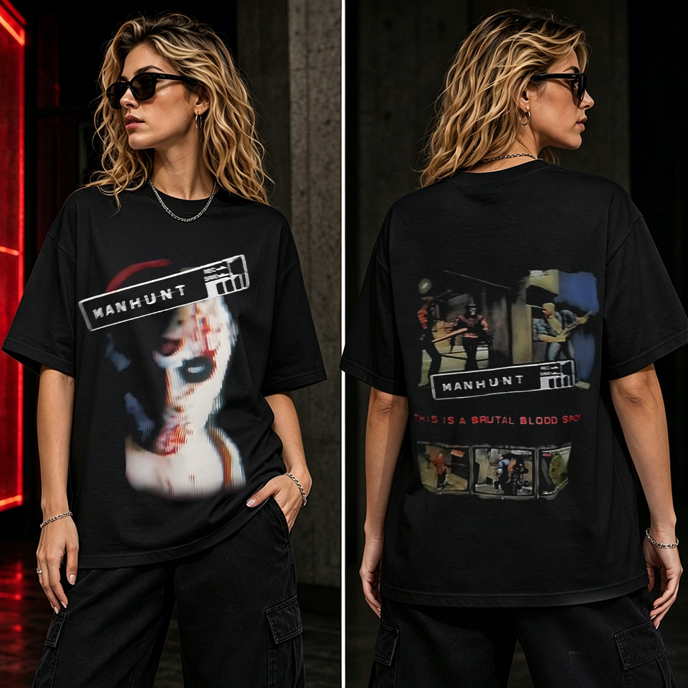 Manhunt Distorted Horror Graphic T-Shirt – Retro Survival Thriller Gamer Tee