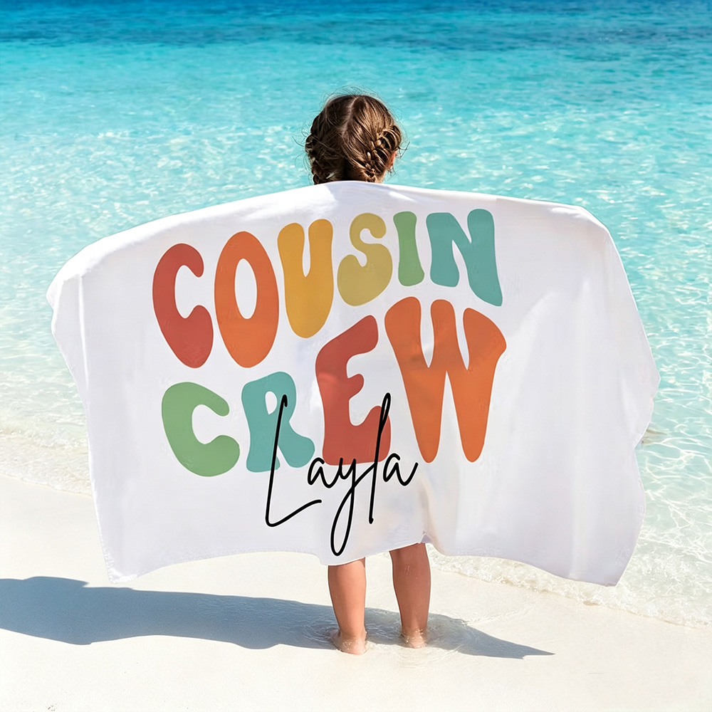Personalized Cousin Crew Beach Towel with Custom Name, Oversized Quick-Dry Microfiber Towel for Summer, Pool & Beach