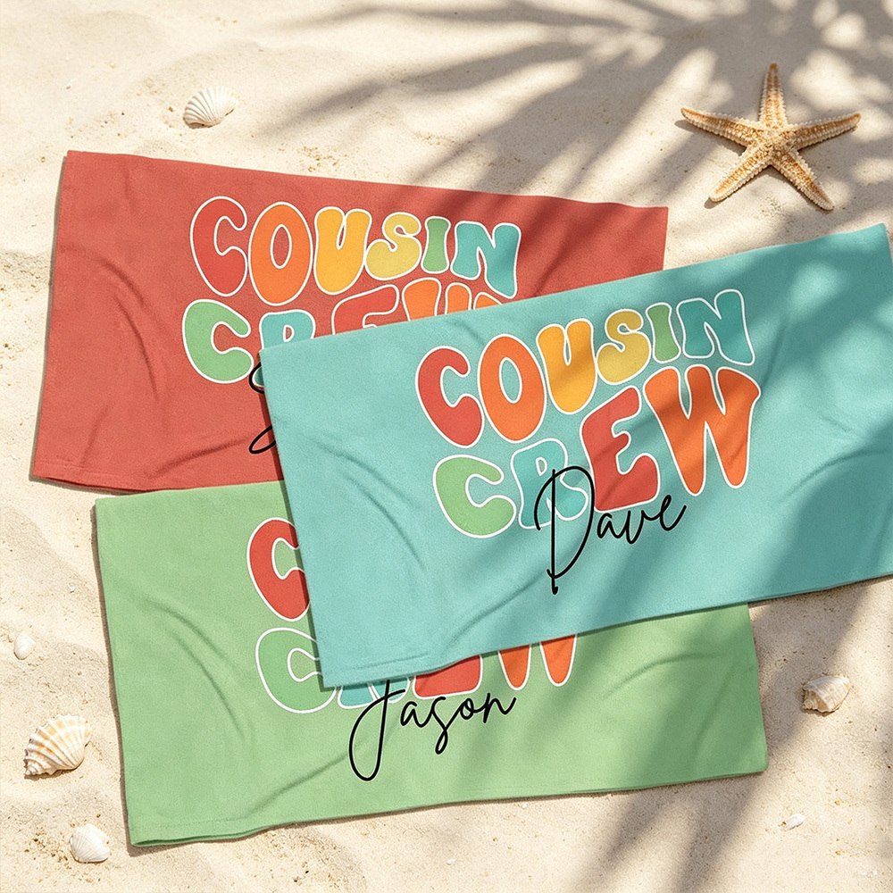 Personalized Cousin Crew Beach Towel with Custom Name, Oversized Quick-Dry Microfiber Towel for Summer, Pool & Beach