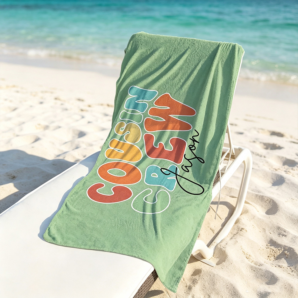 Personalized Cousin Crew Beach Towel with Custom Name, Oversized Quick-Dry Microfiber Towel for Summer, Pool & Beach