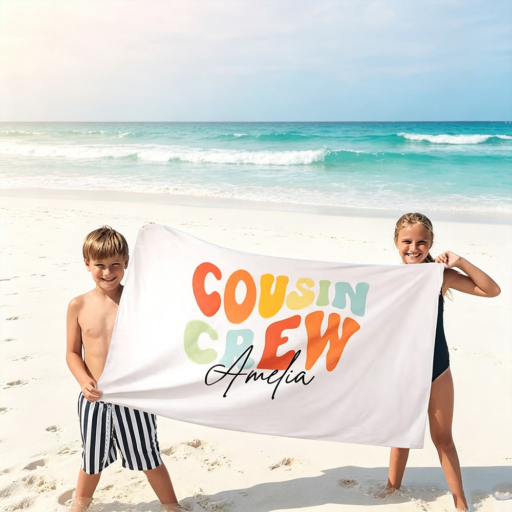 Personalized Cousin Crew Beach Towel with Custom Name, Oversized Quick-Dry Microfiber Towel for Summer, Pool & Beach