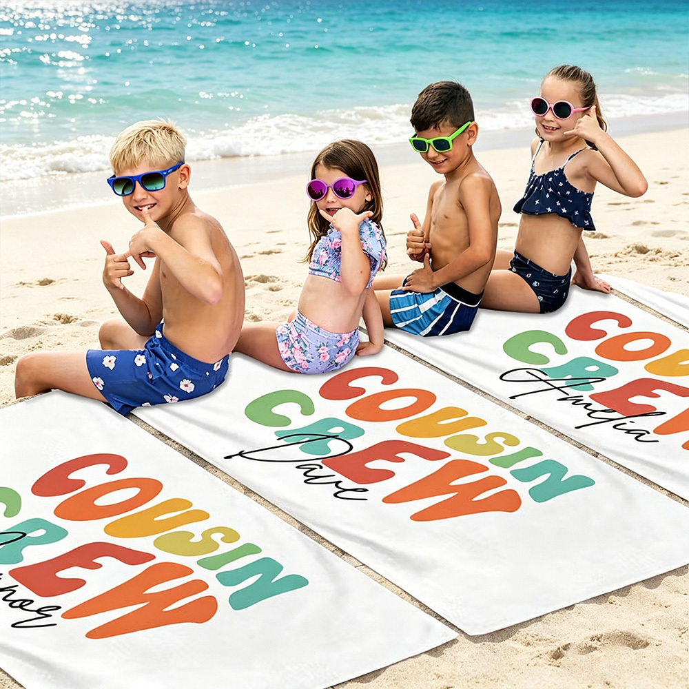 Personalized Cousin Crew Beach Towel with Custom Name, Oversized Quick-Dry Microfiber Towel for Summer, Pool & Beach