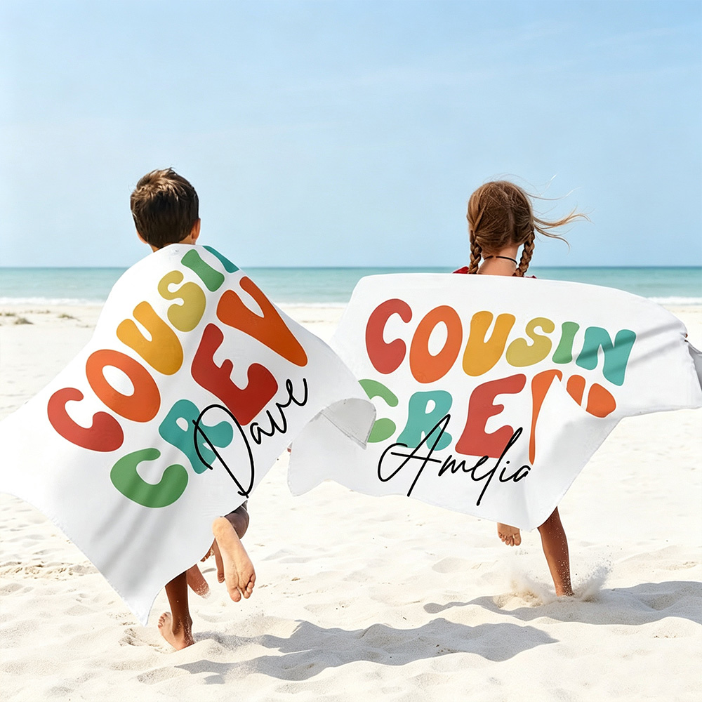 Personalized Cousin Crew Beach Towel with Custom Name, Oversized Quick-Dry Microfiber Towel for Summer, Pool & Beach