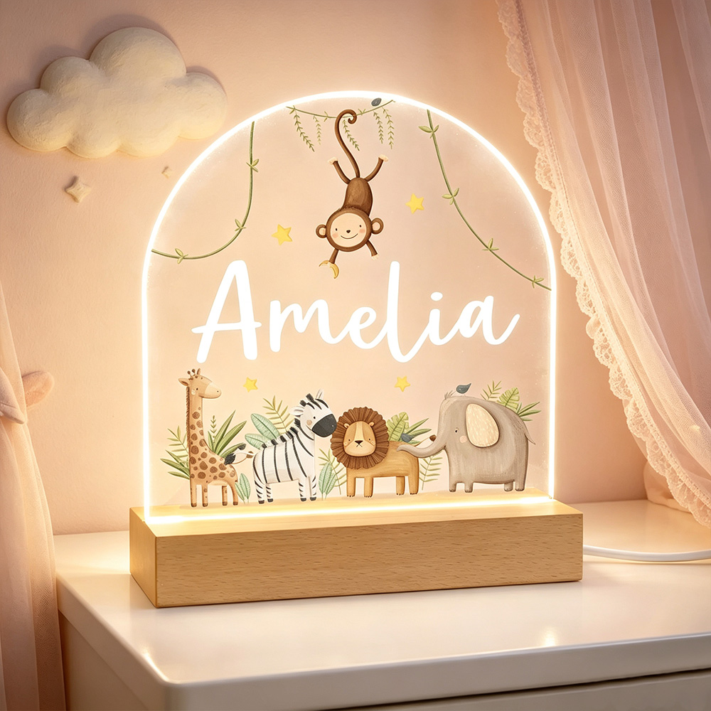 Personalized Safari Animal Night Light – Custom Kids LED Lamp with Name, Nursery Decor & Birthday Gift