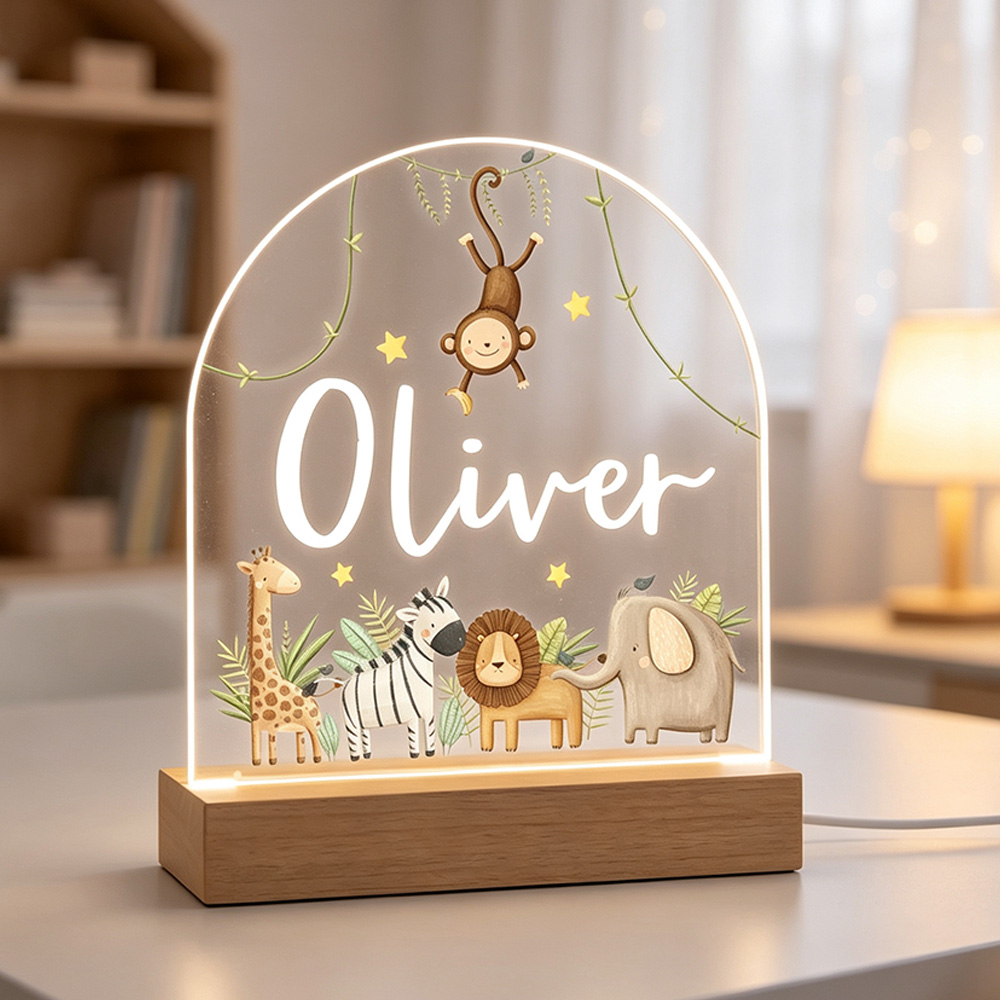 Personalized Safari Animal Night Light – Custom Kids LED Lamp with Name, Nursery Decor & Birthday Gift
