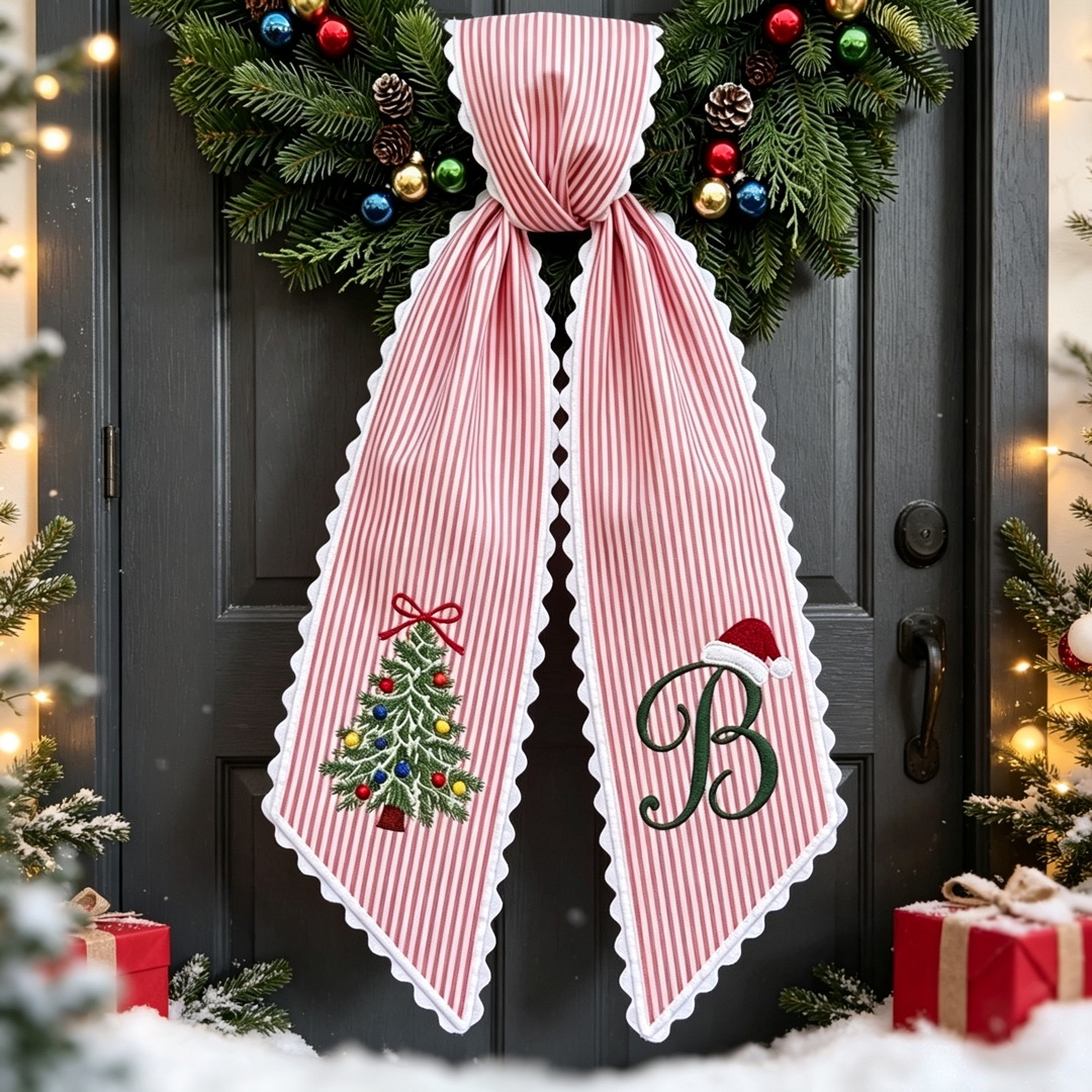 Personalized Christmas Wreath Sash, Embroidered Christmas Tree & Santa Hat, Striped Front Door Wreath Decor with Ric Rac Trim