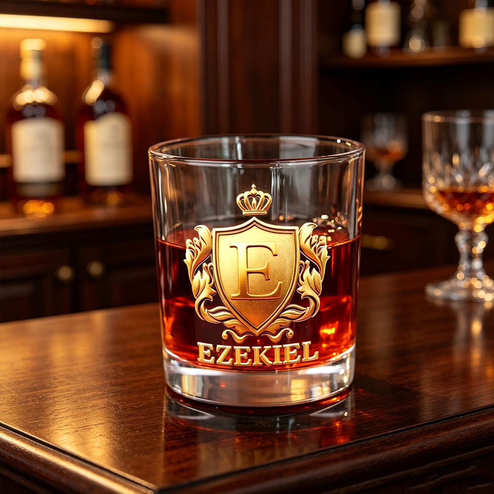 Personalized Initial Crest Whiskey Glass with Custom Name, 10 oz Old Fashioned Rocks Glass, Gift for Men