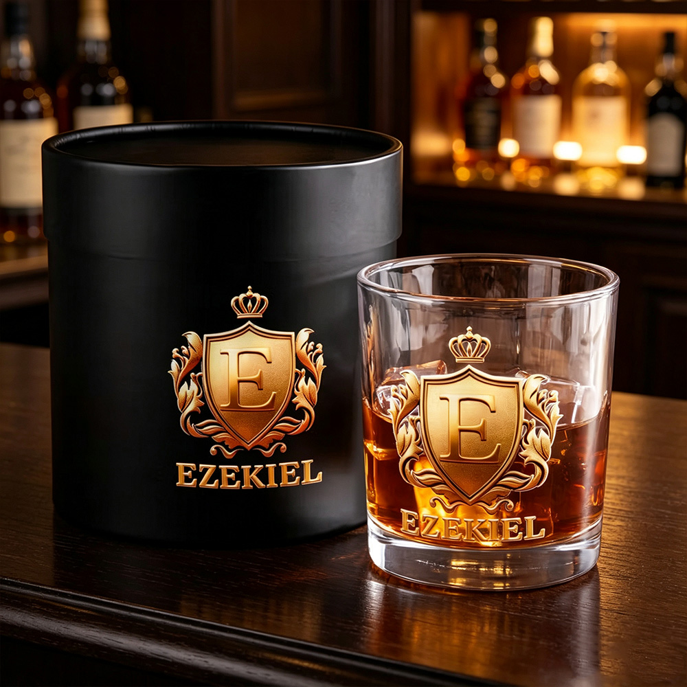 Personalized Initial Crest Whiskey Glass with Custom Name, 10 oz Old Fashioned Rocks Glass, Gift for Men