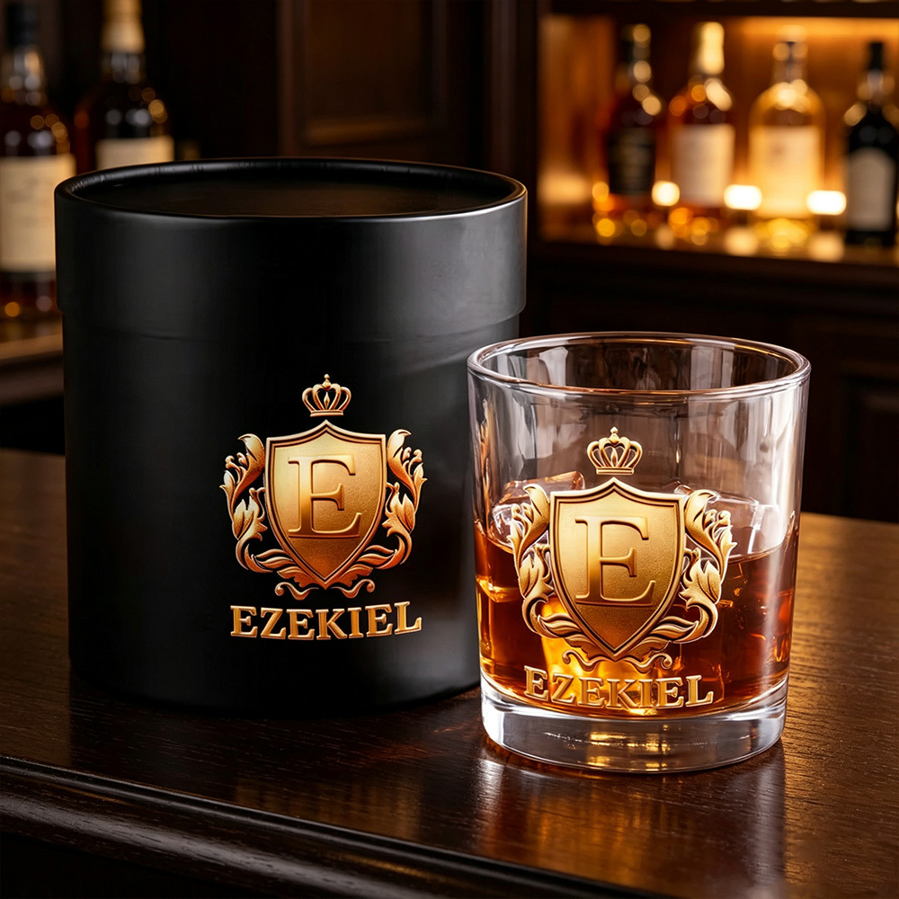 Personalized Initial Crest Whiskey Glass with Custom Name, 10 oz Old Fashioned Rocks Glass, Gift for Men