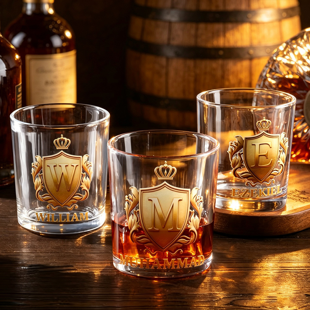Personalized Initial Crest Whiskey Glass with Custom Name, 10 oz Old Fashioned Rocks Glass, Gift for Men