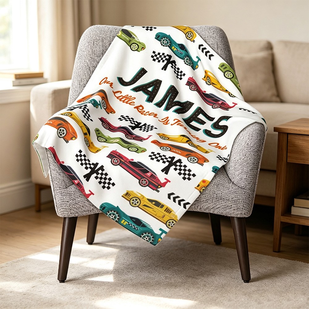 Personalised Racing Car Baby Blanket with Name and Custom Text, Soft Motorsport Throw, Birthday and Baby Shower Gift for Kids