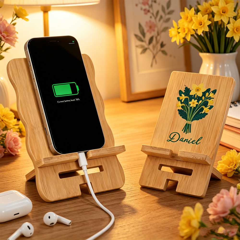 Personalized Birth Flower Wooden Phone Holder with Name Custom Bamboo Cell Phone Holder Desk Decor Birthday Gift