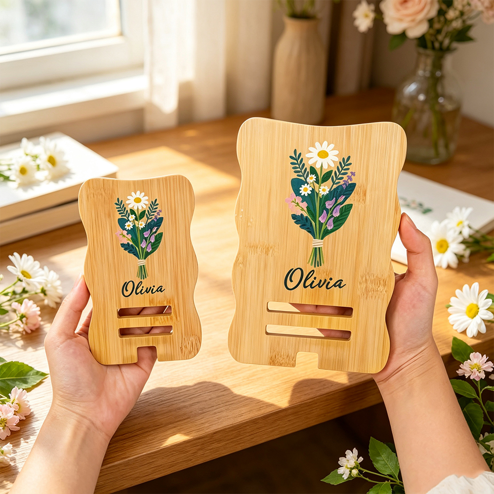 Personalized Birth Flower Wooden Phone Holder with Name Custom Bamboo Cell Phone Holder Desk Decor Birthday Gift