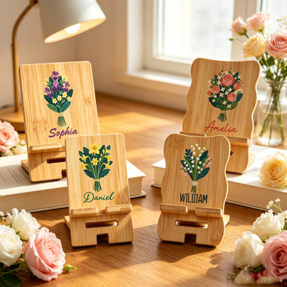 Personalized Birth Flower Wooden Phone Holder with Name Custom Bamboo Cell Phone Holder Desk Decor Birthday Gift