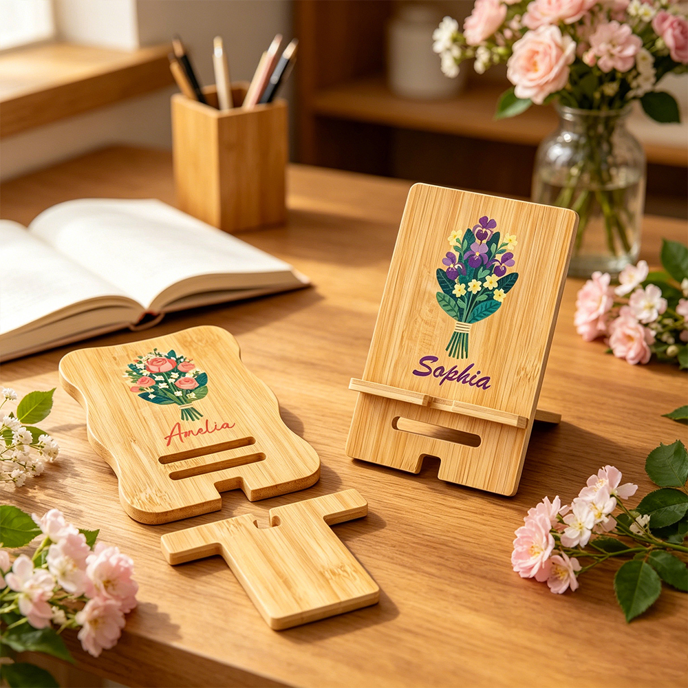 Personalized Birth Flower Wooden Phone Holder with Name Custom Bamboo Cell Phone Holder Desk Decor Birthday Gift