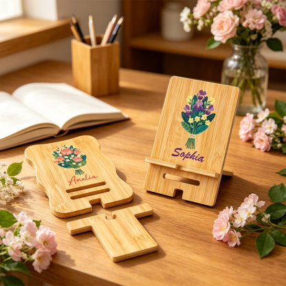 Personalized Birth Flower Wooden Phone Holder with Name Custom Bamboo Cell Phone Holder Desk Decor Birthday Gift