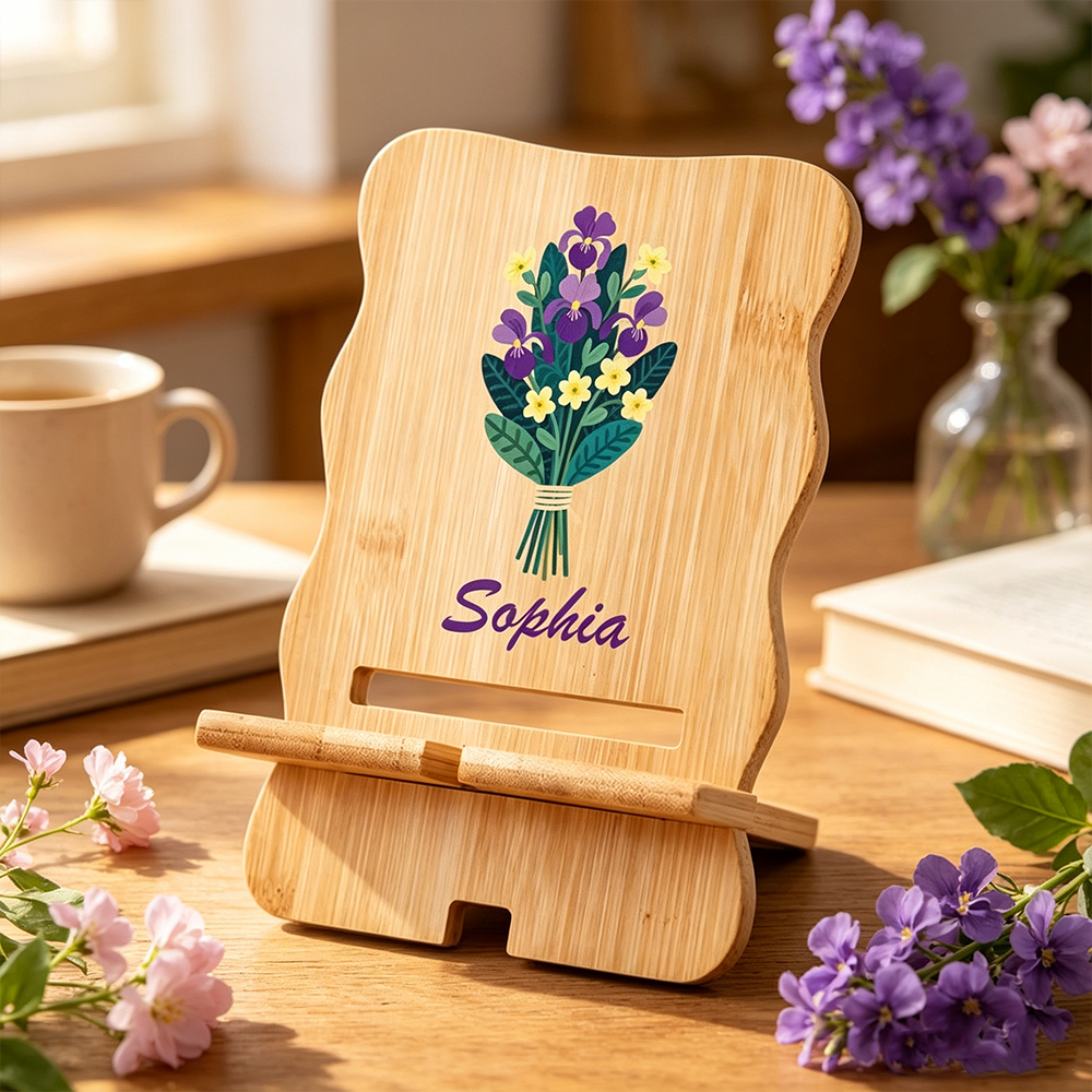 Personalized Birth Flower Wooden Phone Holder with Name Custom Bamboo Cell Phone Holder Desk Decor Birthday Gift