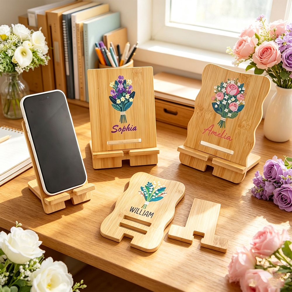 Personalized Birth Flower Wooden Phone Holder with Name Custom Bamboo Cell Phone Holder Desk Decor Birthday Gift