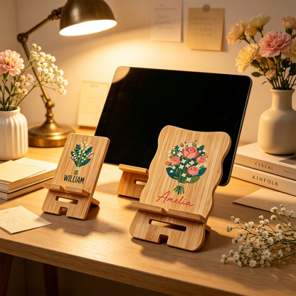 Personalized Birth Flower Wooden Phone Holder with Name Custom Bamboo Cell Phone Holder Desk Decor Birthday Gift