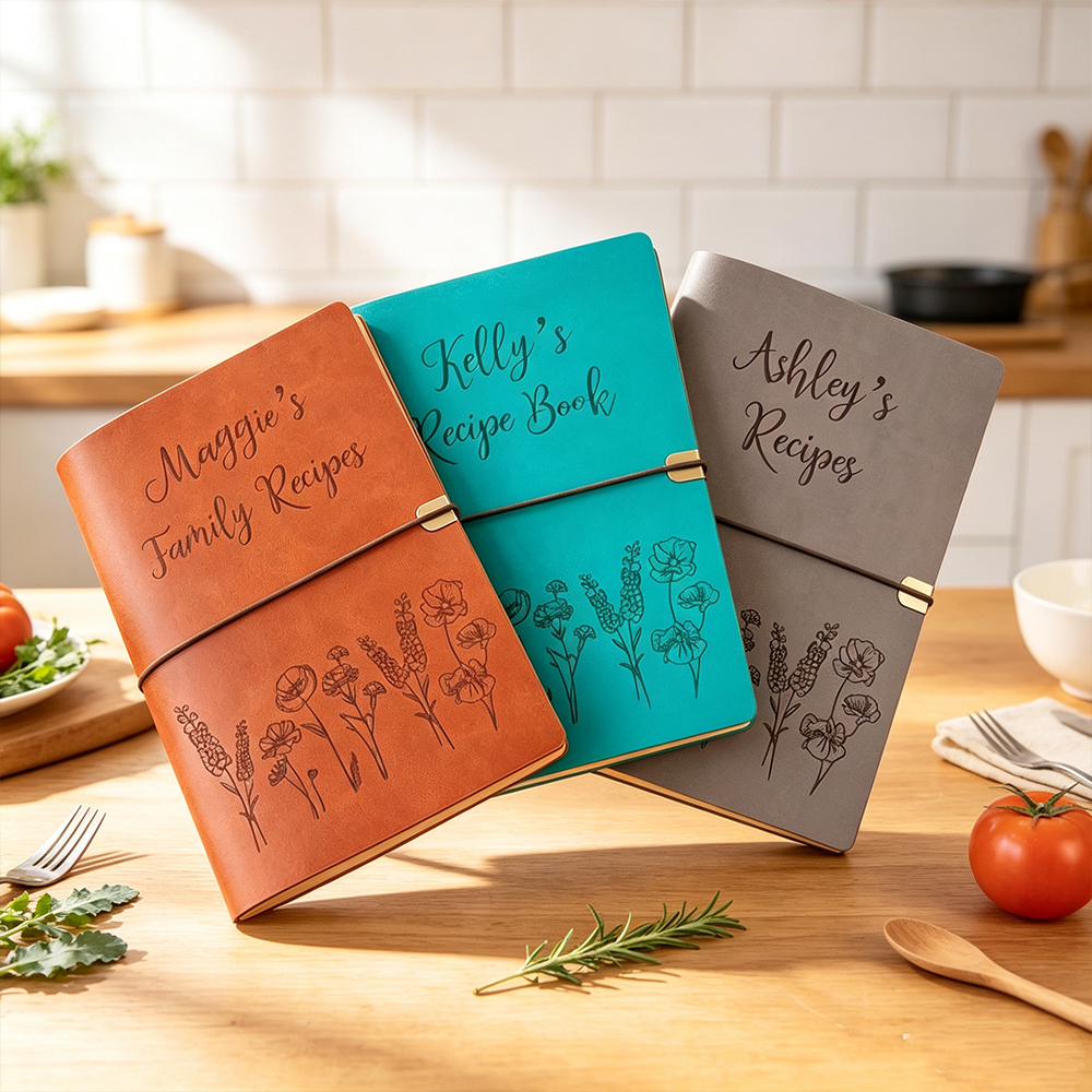 Personalized Family Recipe Book with Custom Name, Floral Leather Binder Journal with Refillable Pages, Gift for Mom