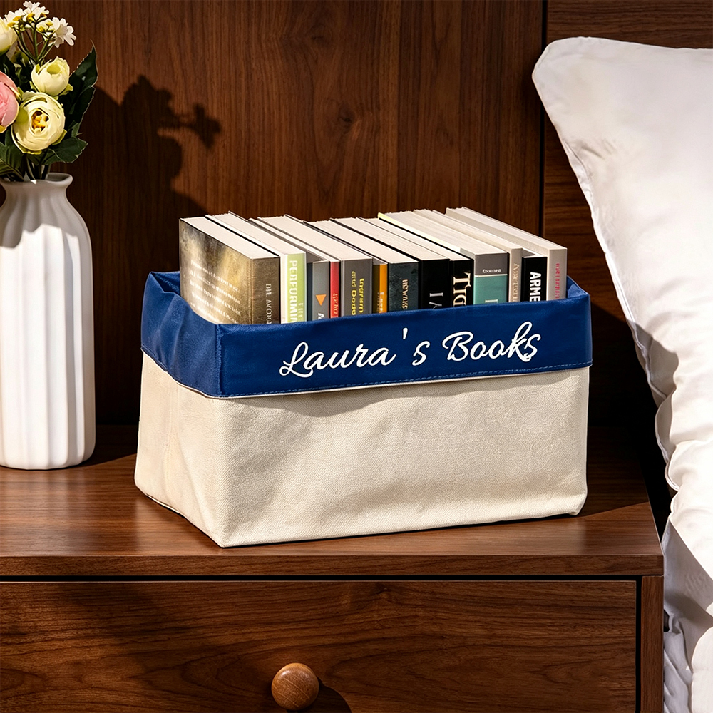 Personalised Foldable Book Storage Basket with Custom Text, Fabric Book Organizer for Shelves, Reading Nooks and Nurseries