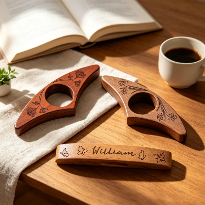 Personalized Birth Flower Wooden Thumb Book Holder, Custom Engraved Page Holder with Name, Gift for Book Lovers
