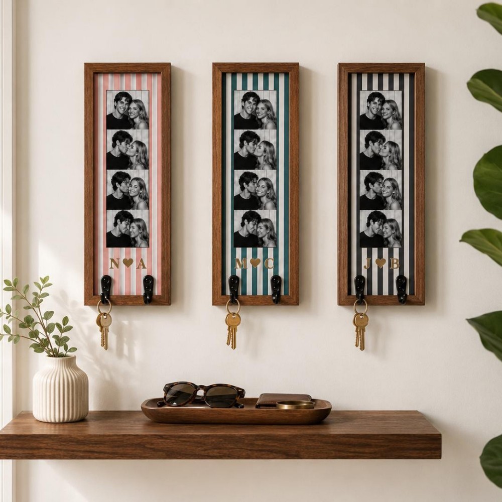 Personalized Photo Strip Key Holder Custom Wooden Wall Decor