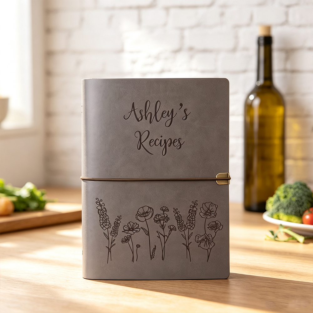 Personalized Family Recipe Book with Custom Name, Floral Leather Binder Journal with Refillable Pages, Gift for Mom